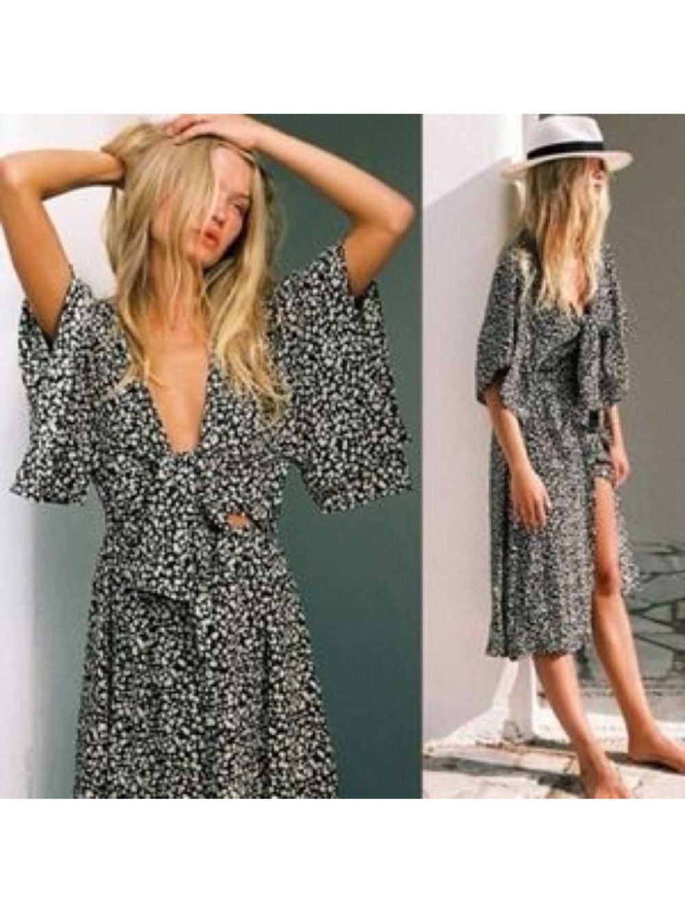 Faithfull the Brand Black Floral Midi Dress with Yellow Blossoms
